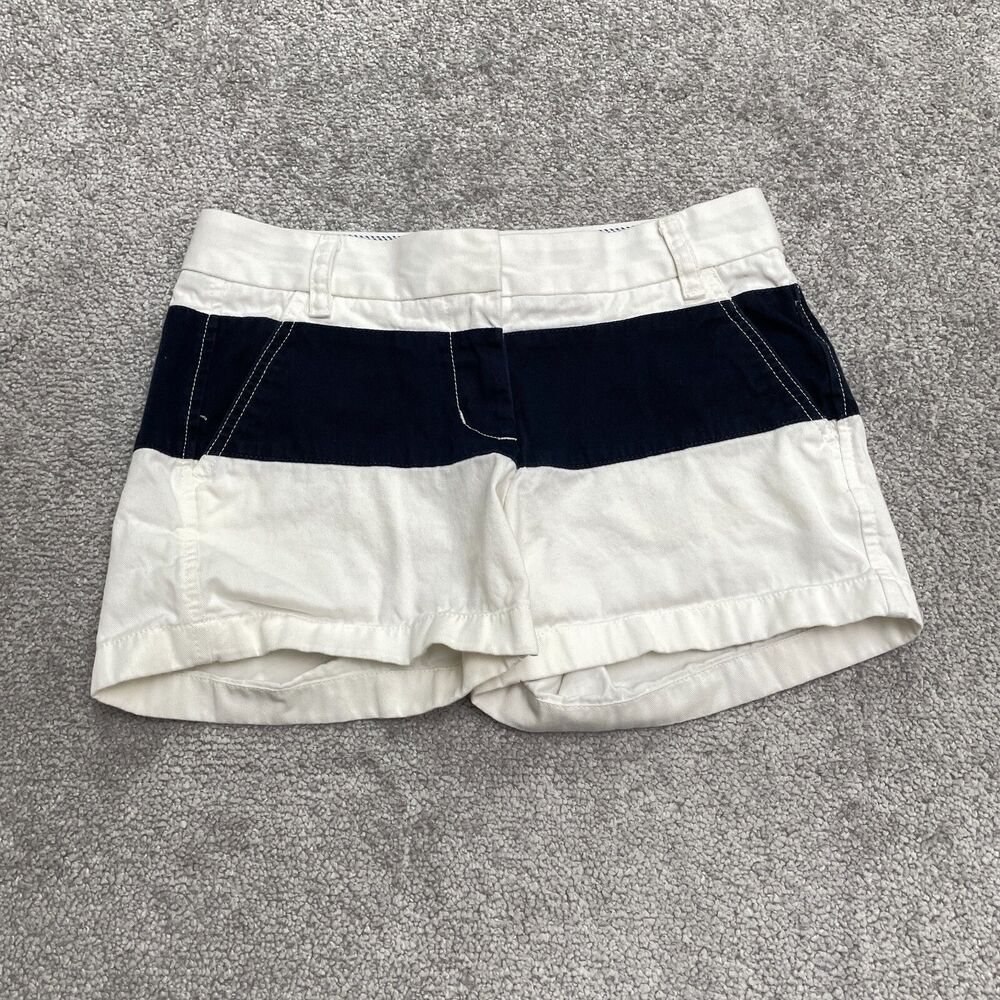 J.Crew Chino Shorts Womens 00 Blue White Striped Mid Rise Cotton Casual Outdoor